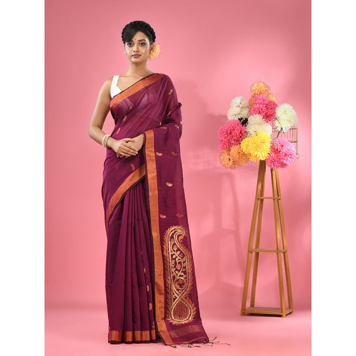 CHARUKRITI Purple Cotton Blend Handwoven Zari Border Saree with Unstitched Blouse