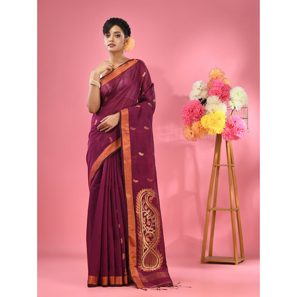 CHARUKRITI Purple Cotton Blend Handwoven Zari Border Saree with Unstitched Blouse