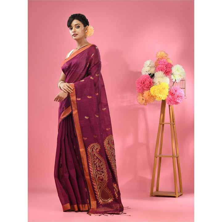 CHARUKRITI Purple Cotton Blend Handwoven Zari Border Saree with Unstitched Blouse