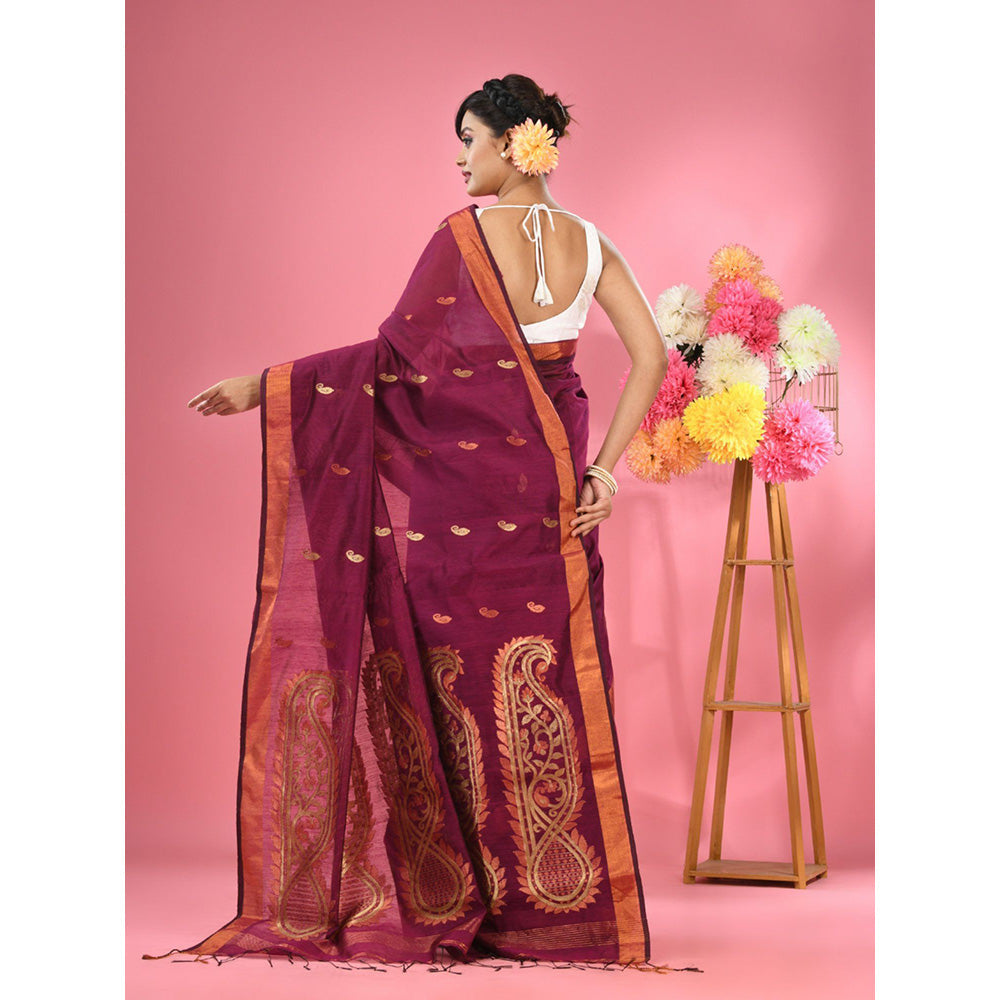 CHARUKRITI Purple Cotton Blend Handwoven Zari Border Saree with Unstitched Blouse