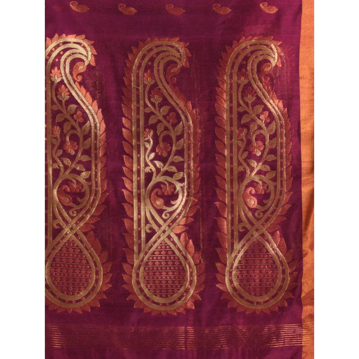 CHARUKRITI Purple Cotton Blend Handwoven Zari Border Saree with Unstitched Blouse