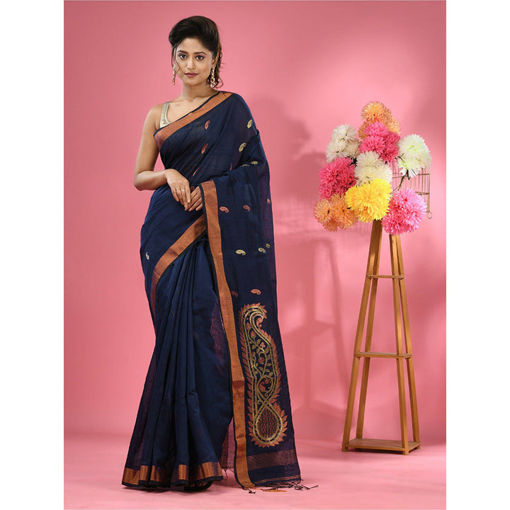 CHARUKRITI Navy Blue Cotton Blend Handwoven Zari Border Saree with Unstitched Blouse