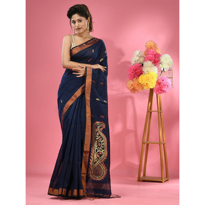 CHARUKRITI Navy Blue Cotton Blend Handwoven Zari Border Saree with Unstitched Blouse