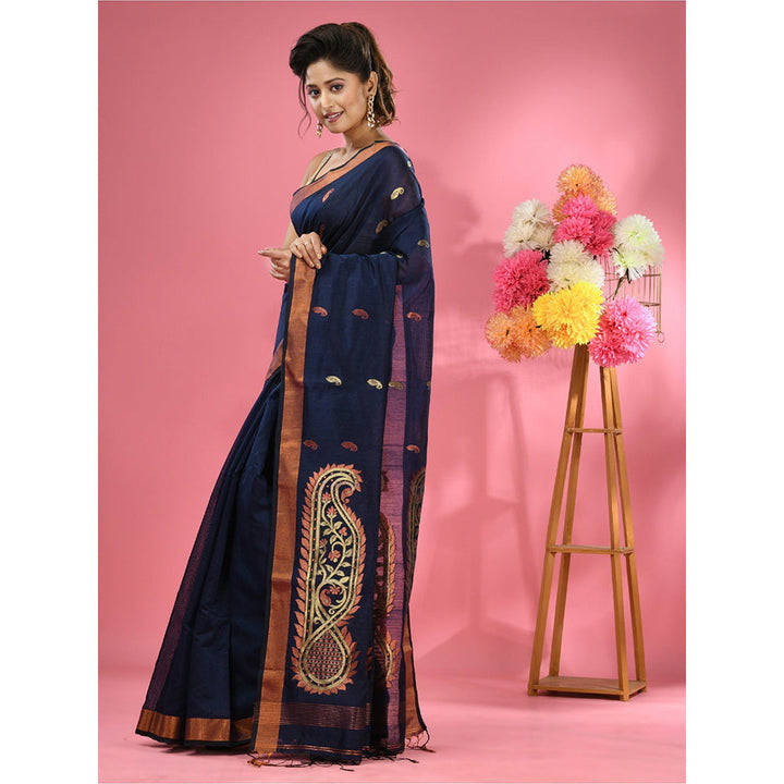 CHARUKRITI Navy Blue Cotton Blend Handwoven Zari Border Saree with Unstitched Blouse