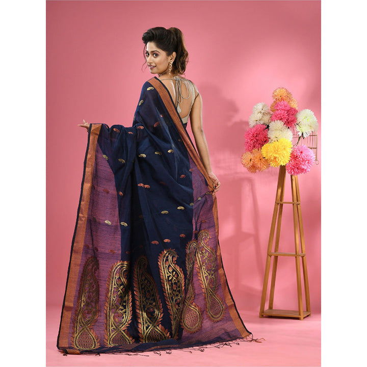 CHARUKRITI Navy Blue Cotton Blend Handwoven Zari Border Saree with Unstitched Blouse