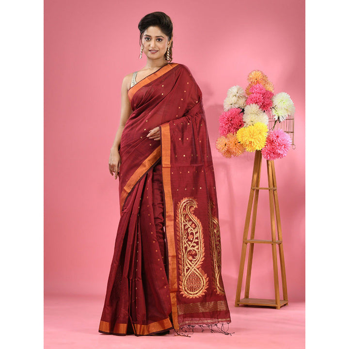 CHARUKRITI Maroon Cotton Blend Handwoven Zari Border Saree with Unstitched Blouse