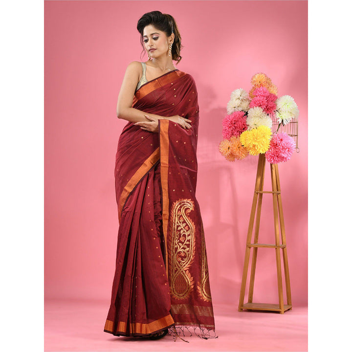 CHARUKRITI Maroon Cotton Blend Handwoven Zari Border Saree with Unstitched Blouse