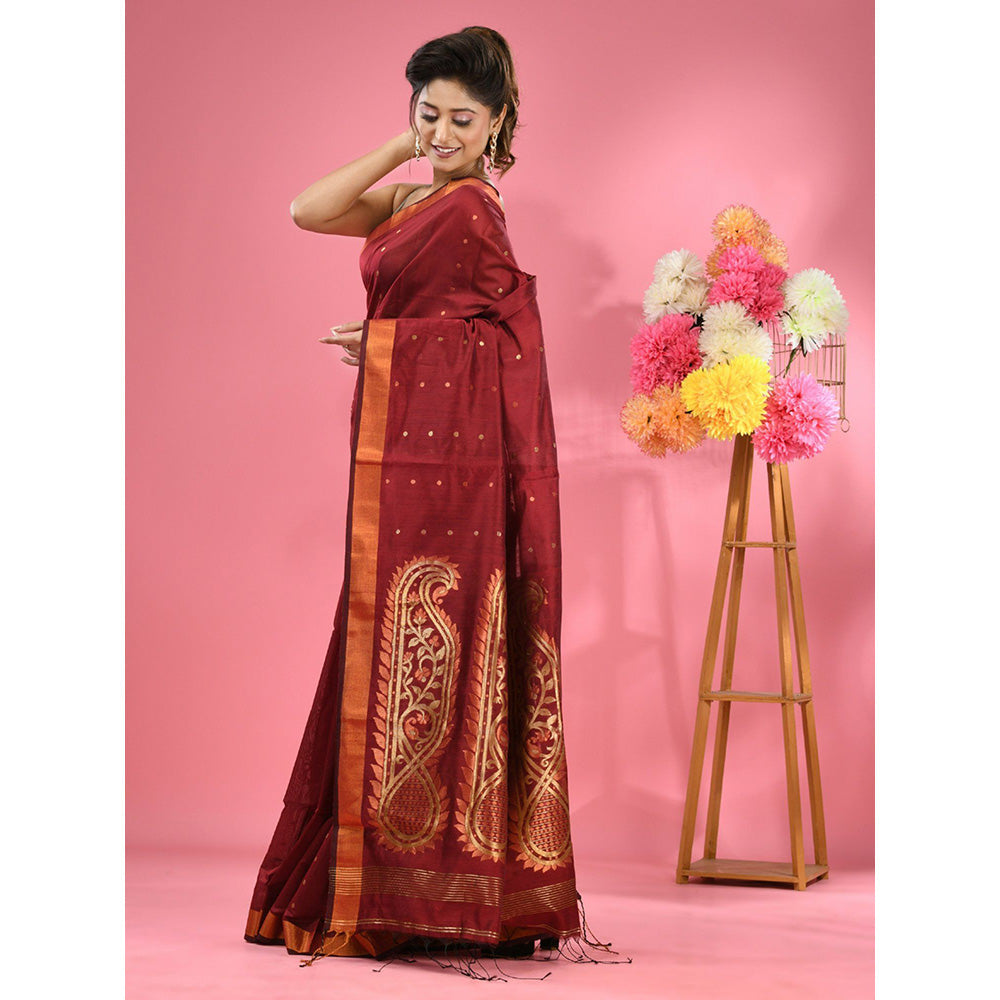 CHARUKRITI Maroon Cotton Blend Handwoven Zari Border Saree with Unstitched Blouse