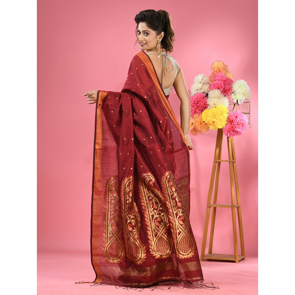 CHARUKRITI Maroon Cotton Blend Handwoven Zari Border Saree with Unstitched Blouse