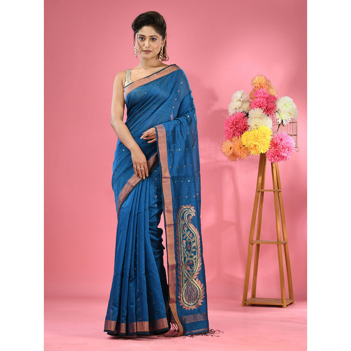 CHARUKRITI Sapphire Blue Cotton Blend Handwoven Zari Border Saree with Unstitched Blouse