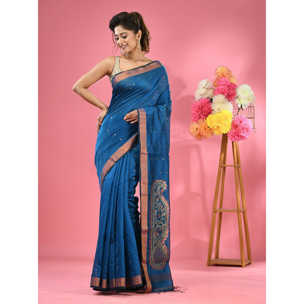 CHARUKRITI Sapphire Blue Cotton Blend Handwoven Zari Border Saree with Unstitched Blouse