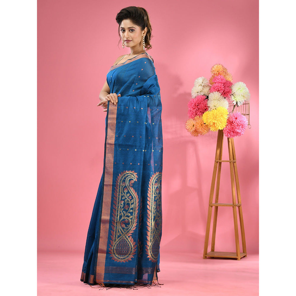 CHARUKRITI Sapphire Blue Cotton Blend Handwoven Zari Border Saree with Unstitched Blouse