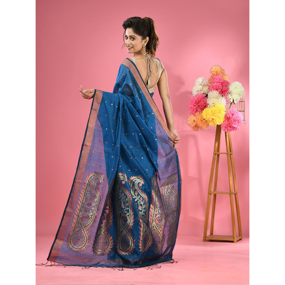 CHARUKRITI Sapphire Blue Cotton Blend Handwoven Zari Border Saree with Unstitched Blouse