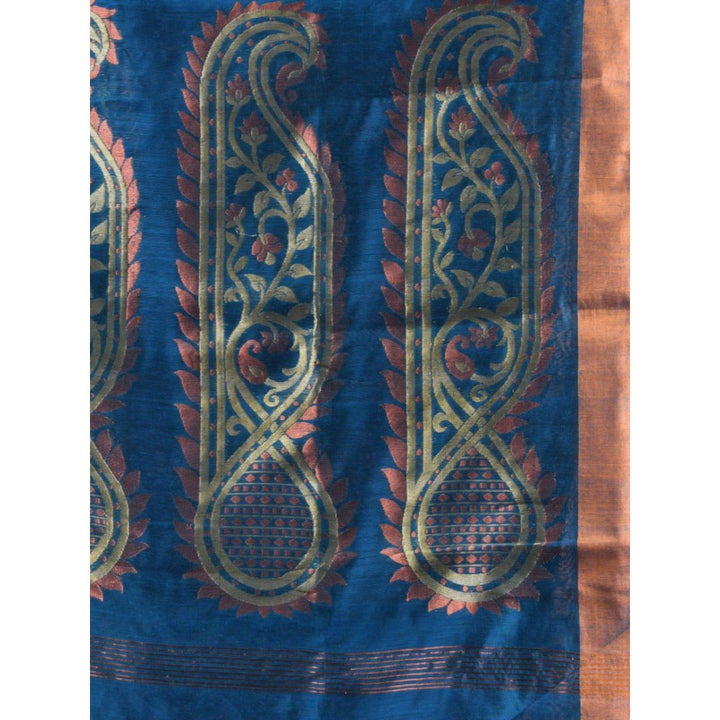 CHARUKRITI Sapphire Blue Cotton Blend Handwoven Zari Border Saree with Unstitched Blouse