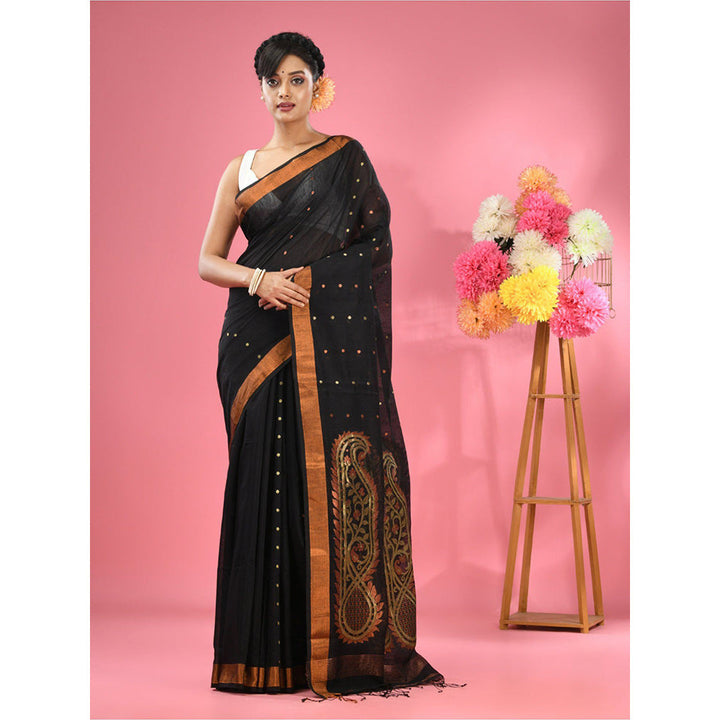 CHARUKRITI Black Cotton Blend Handwoven Zari Border Saree with Unstitched Blouse