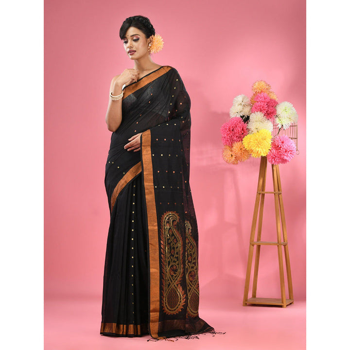 CHARUKRITI Black Cotton Blend Handwoven Zari Border Saree with Unstitched Blouse