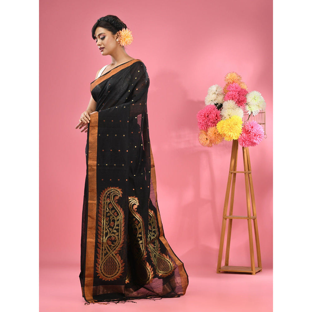 CHARUKRITI Black Cotton Blend Handwoven Zari Border Saree with Unstitched Blouse