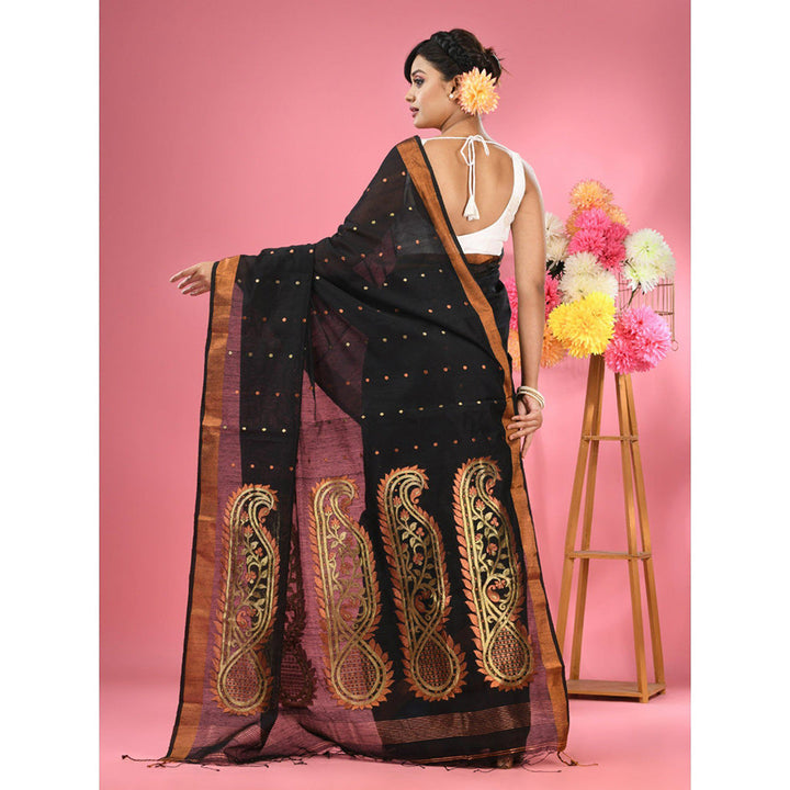 CHARUKRITI Black Cotton Blend Handwoven Zari Border Saree with Unstitched Blouse