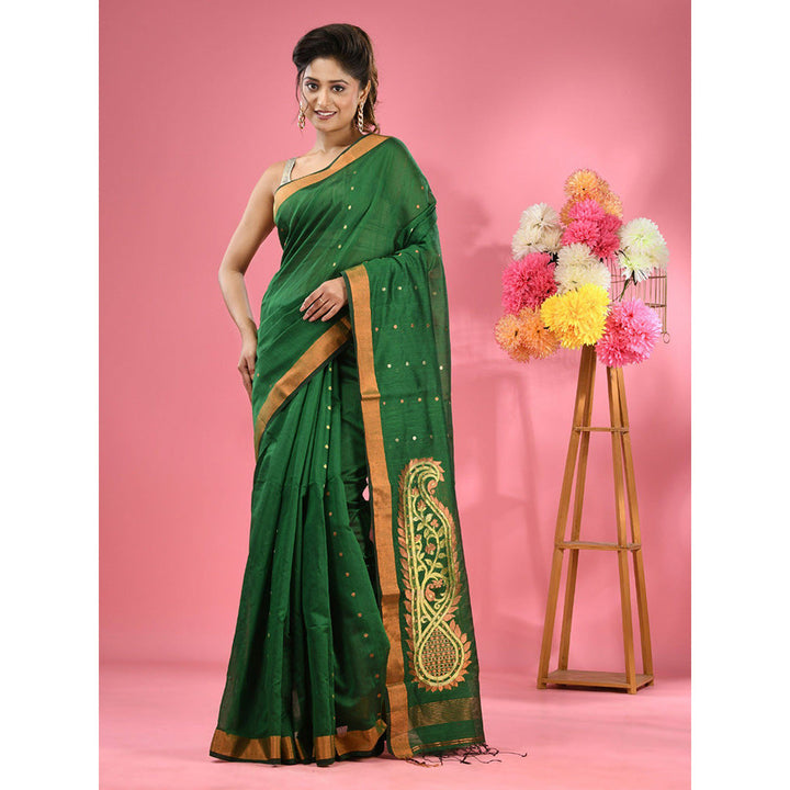 CHARUKRITI Green Cotton Blend Handwoven Zari Border Saree with Unstitched Blouse