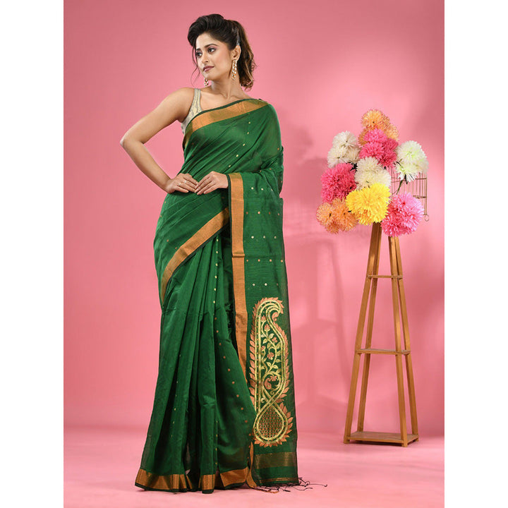 CHARUKRITI Green Cotton Blend Handwoven Zari Border Saree with Unstitched Blouse