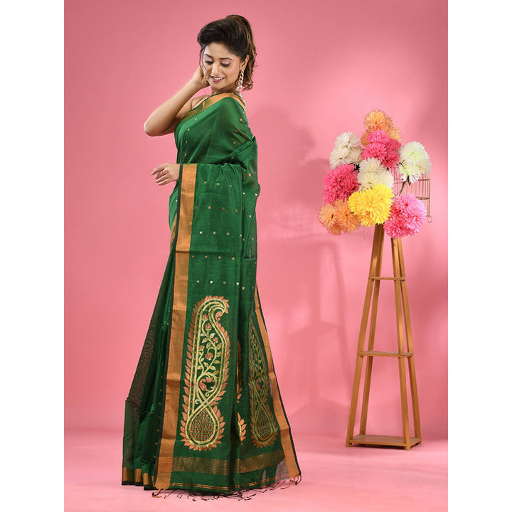 CHARUKRITI Green Cotton Blend Handwoven Zari Border Saree with Unstitched Blouse