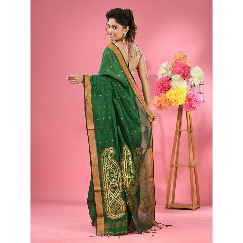 CHARUKRITI Green Cotton Blend Handwoven Zari Border Saree with Unstitched Blouse