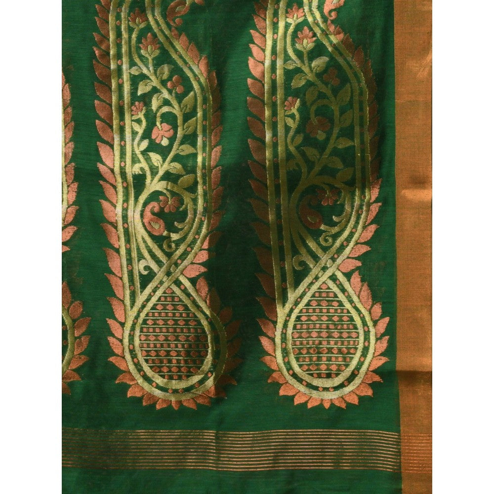 CHARUKRITI Green Cotton Blend Handwoven Zari Border Saree with Unstitched Blouse