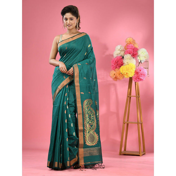 CHARUKRITI Teal Cotton Blend Handwoven Zari Border Saree with Unstitched Blouse