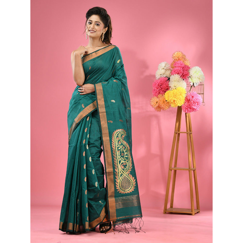 CHARUKRITI Teal Cotton Blend Handwoven Zari Border Saree with Unstitched Blouse