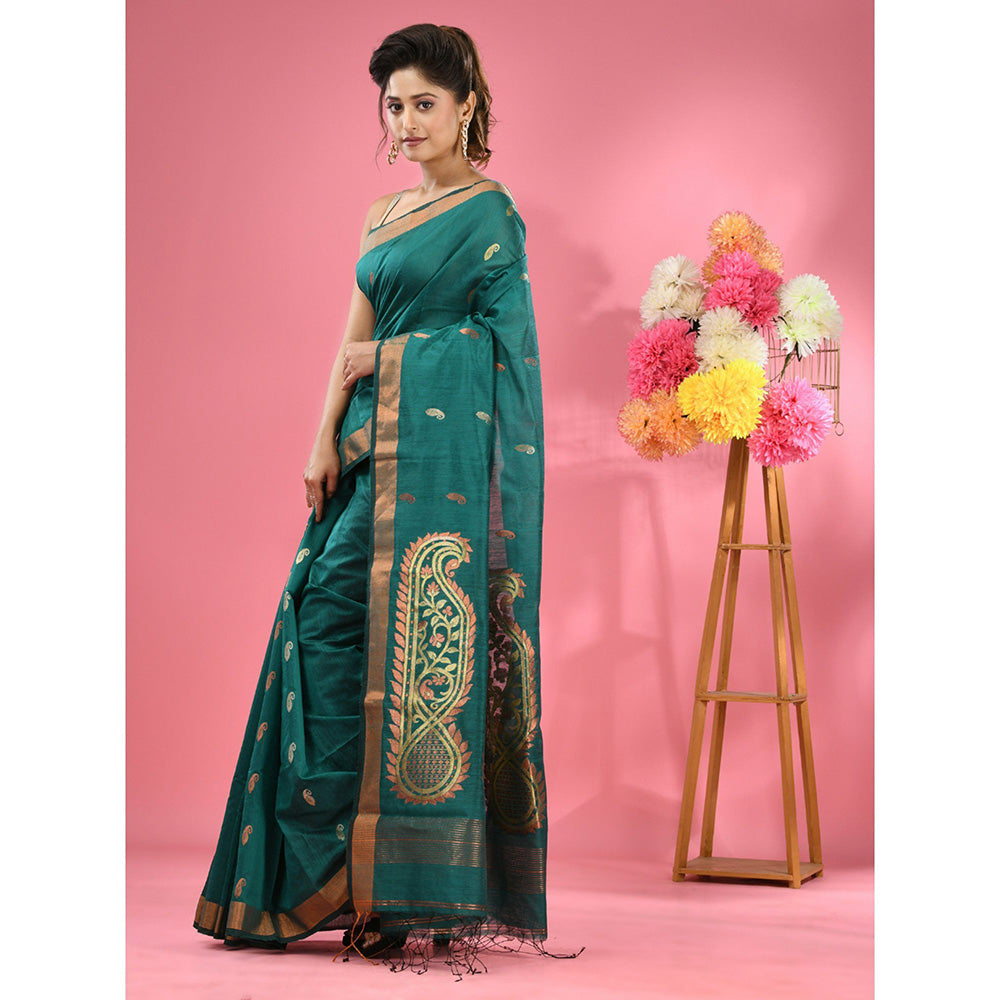 CHARUKRITI Teal Cotton Blend Handwoven Zari Border Saree with Unstitched Blouse