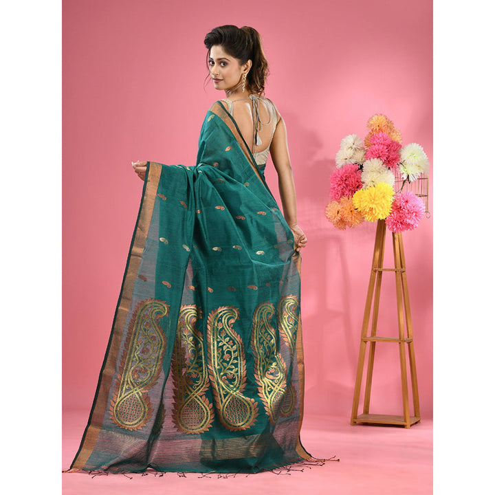 CHARUKRITI Teal Cotton Blend Handwoven Zari Border Saree with Unstitched Blouse