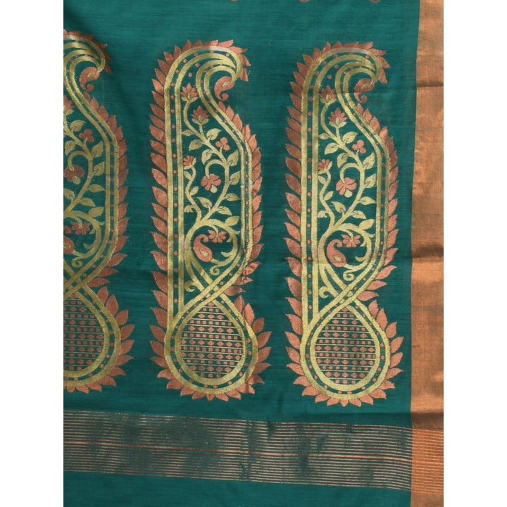 CHARUKRITI Teal Cotton Blend Handwoven Zari Border Saree with Unstitched Blouse