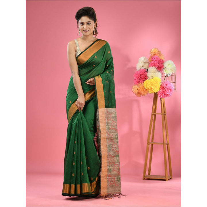 CHARUKRITI Green Cotton Blend Handwoven Jute Weaving Pallu Saree with Unstitched Blouse