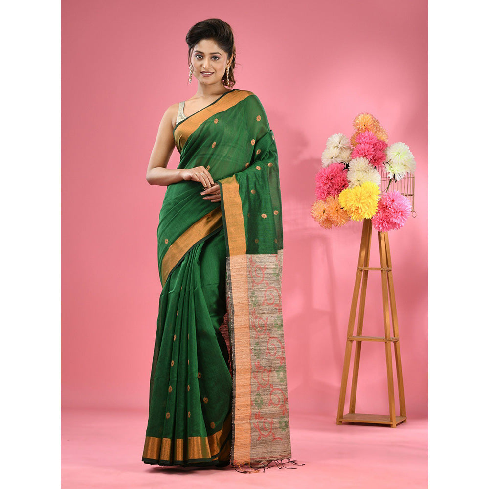 CHARUKRITI Green Cotton Blend Handwoven Jute Weaving Pallu Saree with Unstitched Blouse