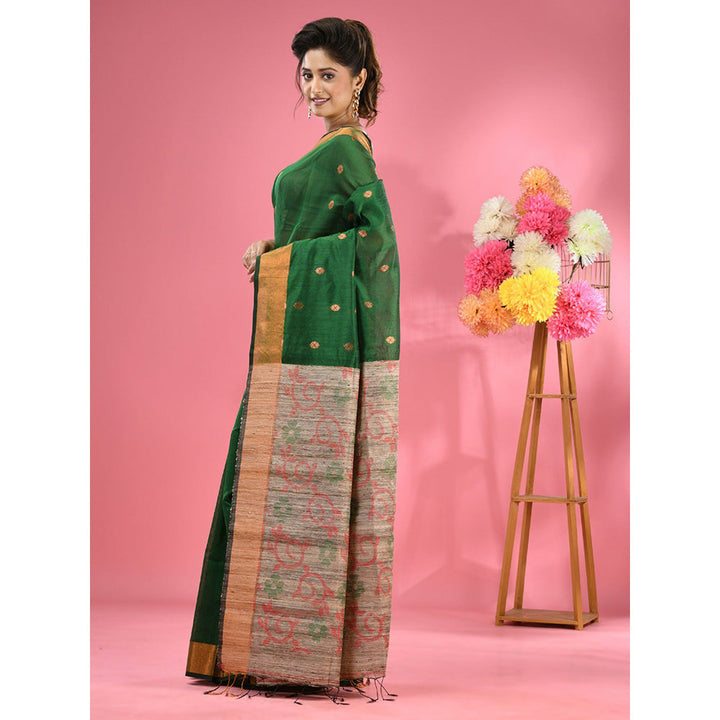 CHARUKRITI Green Cotton Blend Handwoven Jute Weaving Pallu Saree with Unstitched Blouse