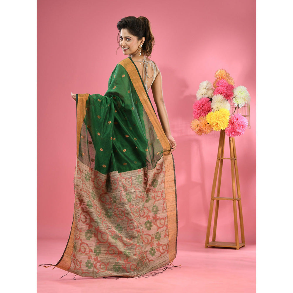 CHARUKRITI Green Cotton Blend Handwoven Jute Weaving Pallu Saree with Unstitched Blouse