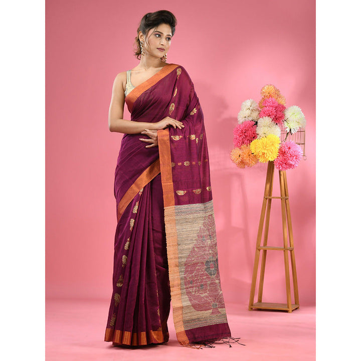 CHARUKRITI Magenta Cotton Blend Handwoven Jute Weaving Pallu Saree with Unstitched Blouse