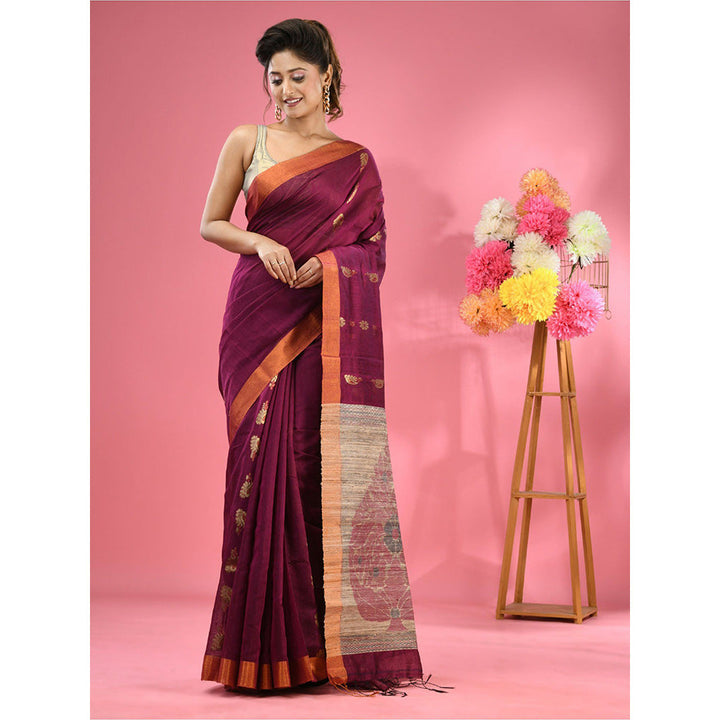 CHARUKRITI Magenta Cotton Blend Handwoven Jute Weaving Pallu Saree with Unstitched Blouse