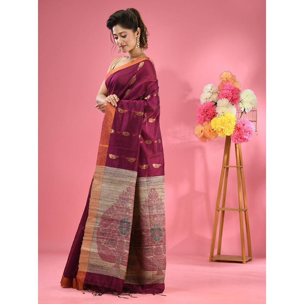 CHARUKRITI Magenta Cotton Blend Handwoven Jute Weaving Pallu Saree with Unstitched Blouse