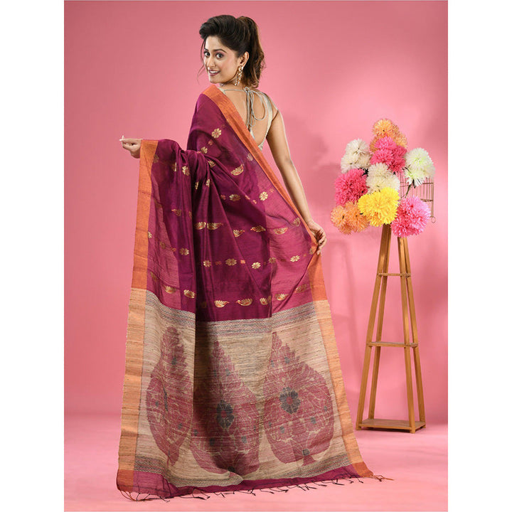 CHARUKRITI Magenta Cotton Blend Handwoven Jute Weaving Pallu Saree with Unstitched Blouse