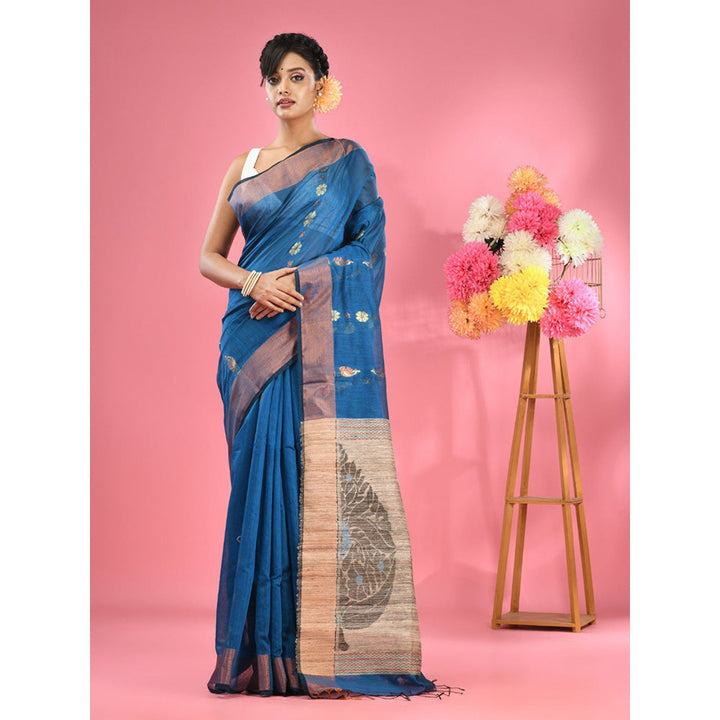 CHARUKRITI Sapphire Blue Cotton Blend Handwoven Jute Weaving Pallu Saree with Unstitched Blouse