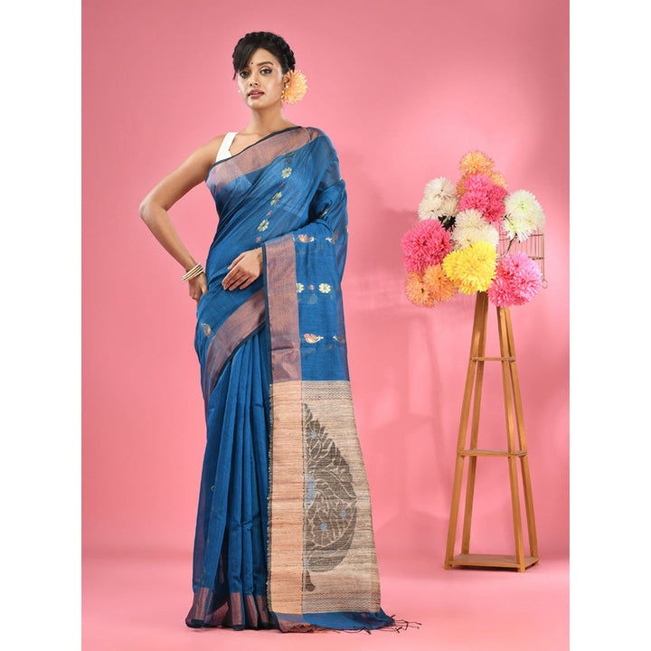 CHARUKRITI Sapphire Blue Cotton Blend Handwoven Jute Weaving Pallu Saree with Unstitched Blouse