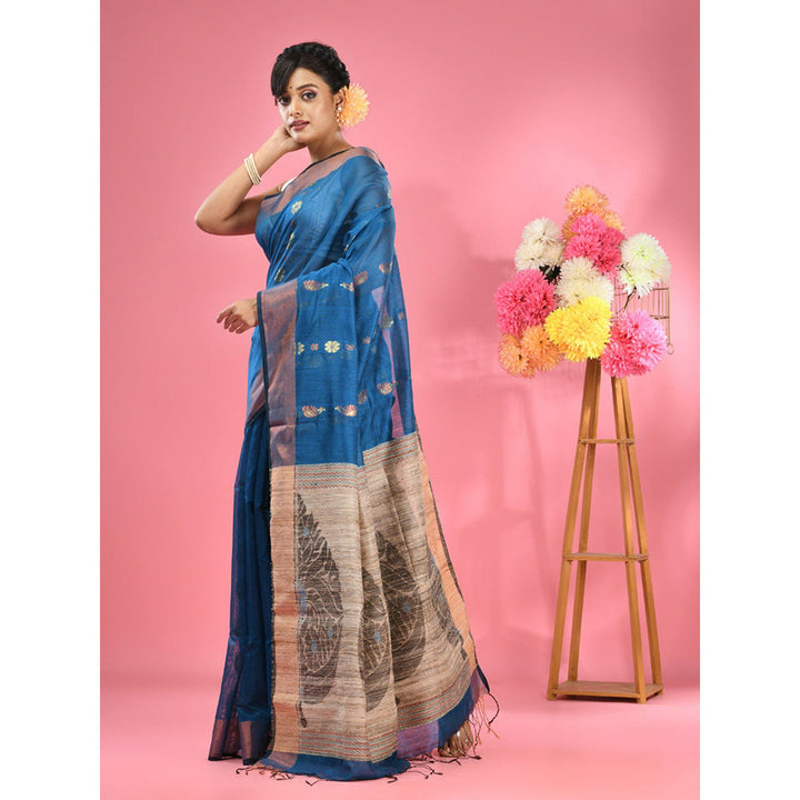 CHARUKRITI Sapphire Blue Cotton Blend Handwoven Jute Weaving Pallu Saree with Unstitched Blouse