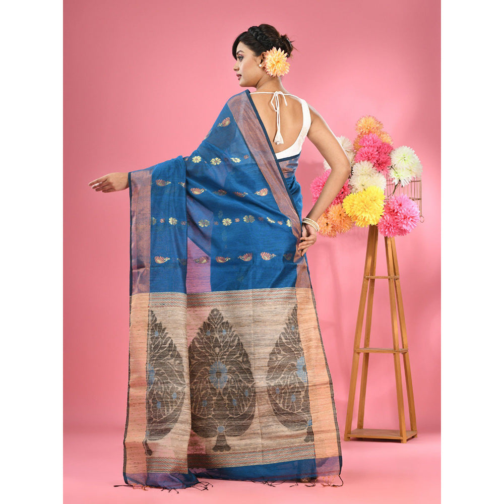 CHARUKRITI Sapphire Blue Cotton Blend Handwoven Jute Weaving Pallu Saree with Unstitched Blouse