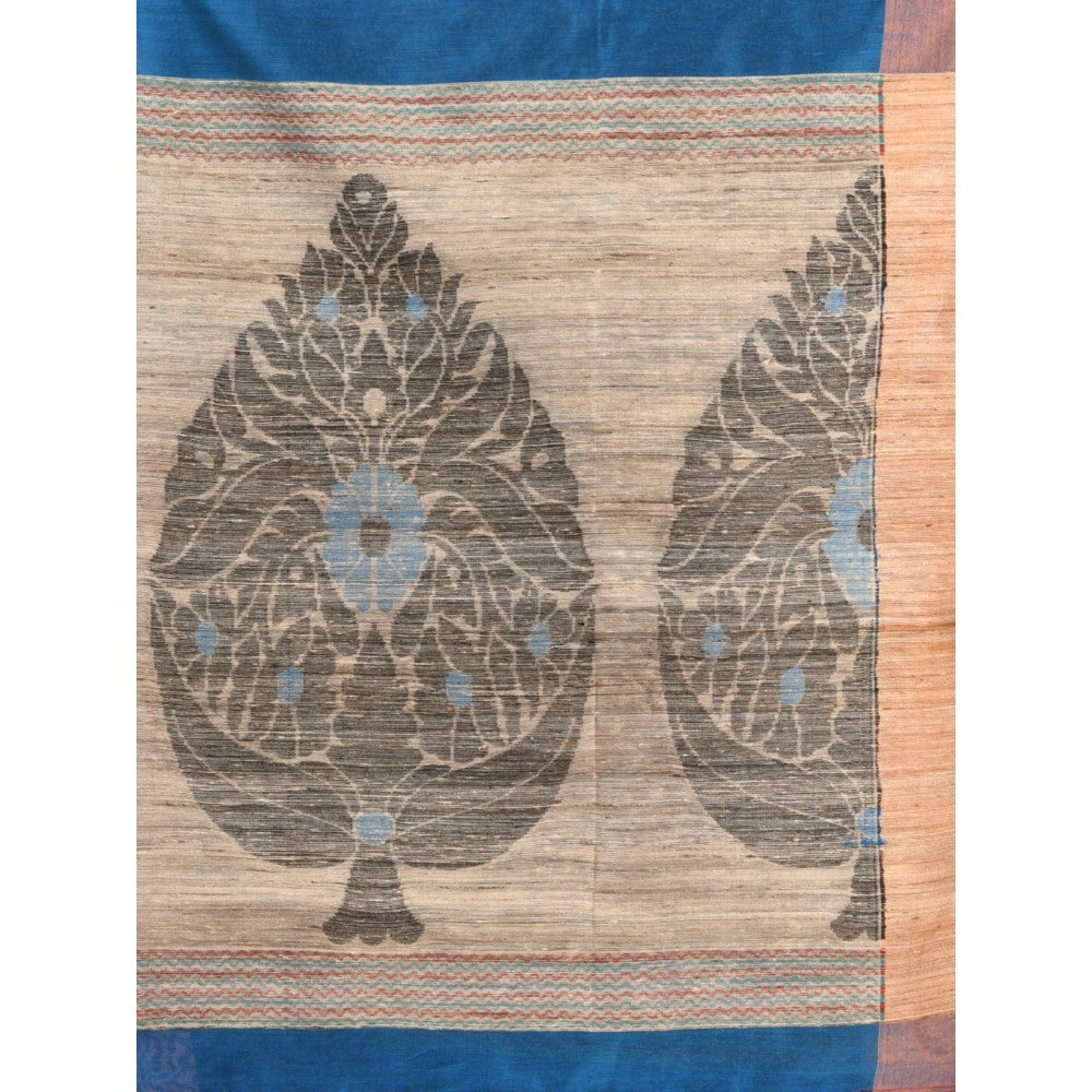 CHARUKRITI Sapphire Blue Cotton Blend Handwoven Jute Weaving Pallu Saree with Unstitched Blouse