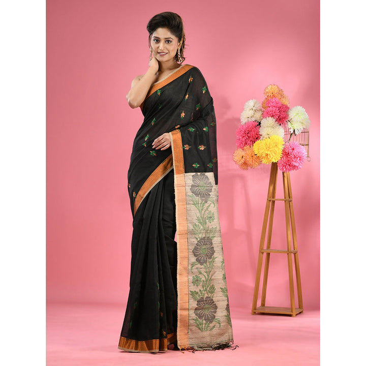 CHARUKRITI Black Cotton Blend Handwoven Jute Weaving Pallu Saree with Unstitched Blouse