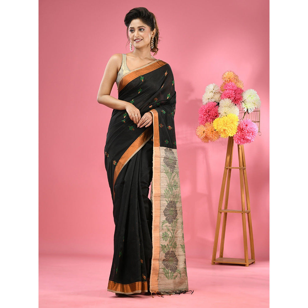 CHARUKRITI Black Cotton Blend Handwoven Jute Weaving Pallu Saree with Unstitched Blouse