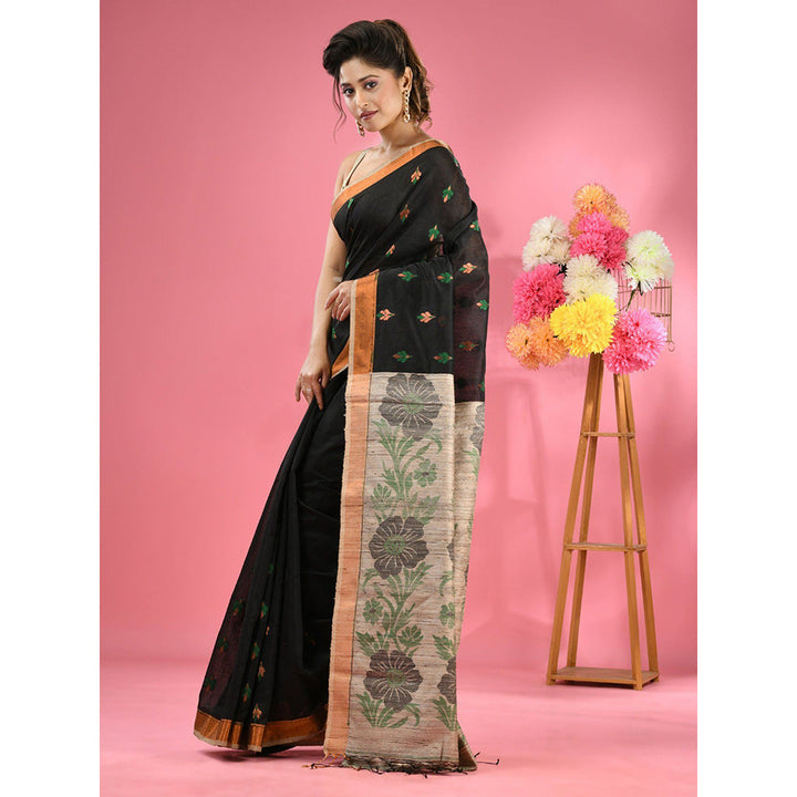 CHARUKRITI Black Cotton Blend Handwoven Jute Weaving Pallu Saree with Unstitched Blouse