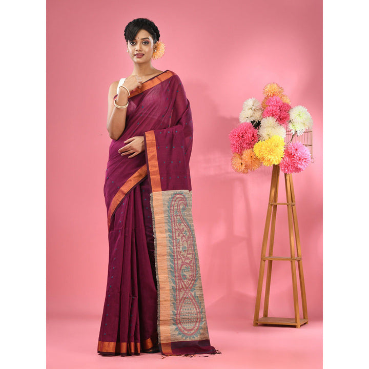 CHARUKRITI Magenta Cotton Blend Handwoven Jute Weaving Pallu Saree with Unstitched Blouse