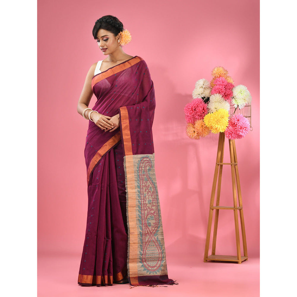 CHARUKRITI Magenta Cotton Blend Handwoven Jute Weaving Pallu Saree with Unstitched Blouse